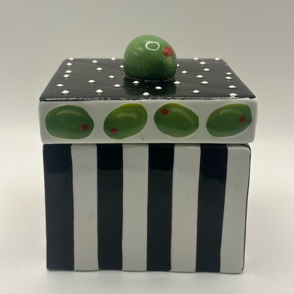 Blue Sky Black and White Striped Stoneware Box